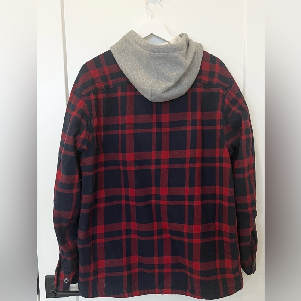 Duluth Trading Co Men Fire Hose Flannel Lined Hooded Limber Jac Red Blue Plaid M - Picture 4 of 9